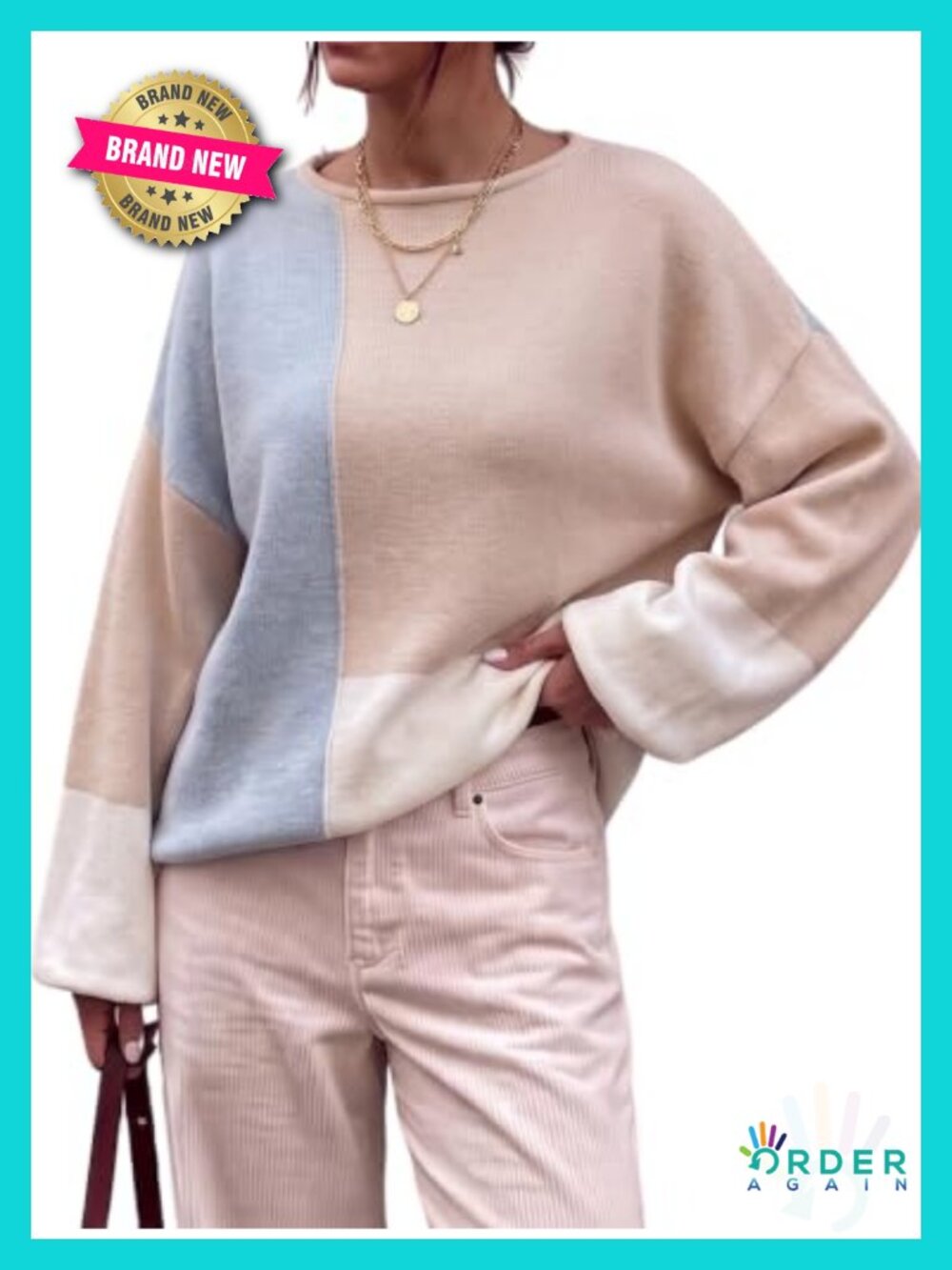 Women's Color Block Crew Neck Pullover Sweater Long Sleeve Knit Loose Fit